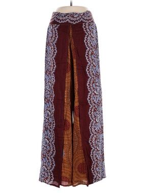Boho Paisley Wide Leg Pants XS Burgundy Orange Cotton Blend Festival Pants